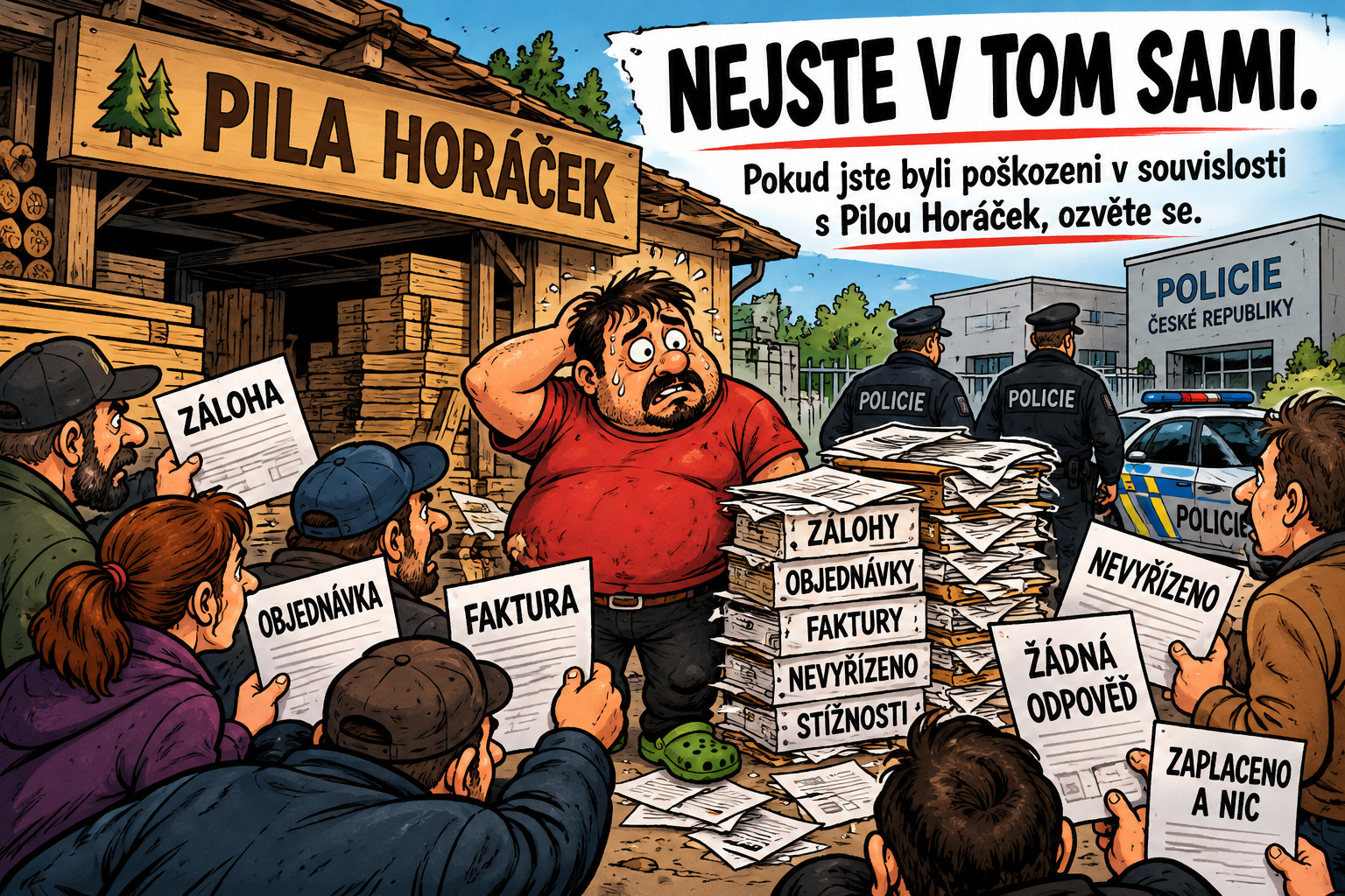 Nejste v tom sami. Pokud jste byli poškozeni v souvislosti s Pilou Horáček, ozvěte se. Ilustrace zákazníků s doklady a Policie České republiky.